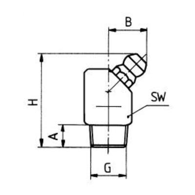 Hydraulik Schmiernippel H2 / S- 6x1 SW 9, DIN 71412, Form B - 45°, Stahl verzinkt, mit Selbstformgewinde