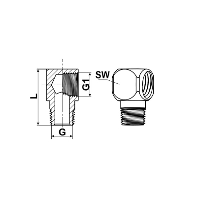 Winkelstück Nr. 11, 90°, Stahl verzinkt, Länge: 23 IG- M6x1,0 x AG- M6x1,0, SW 12