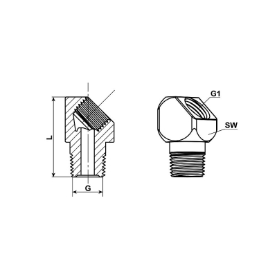 Winkelstück Nr. 1, 45°, Stahl verzinkt, Länge: 23 IG- M8x1,0 x AG- M6x1,0, SW 13